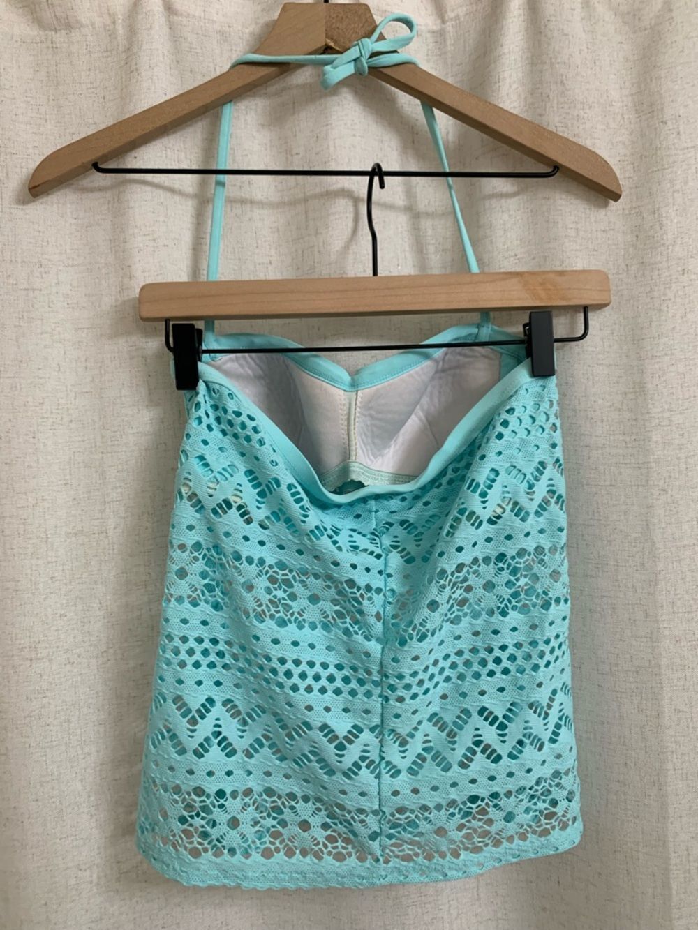 Robin Piccone Y2K Aqua Crochet Eyelet Halter Tankini Top Tie Back Medium - Picture 2 of 6